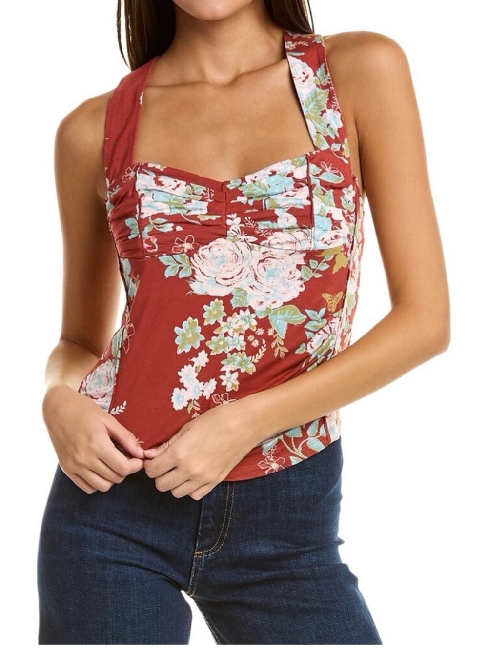 Free People Floral Ruched Tank Rust Red Medium M